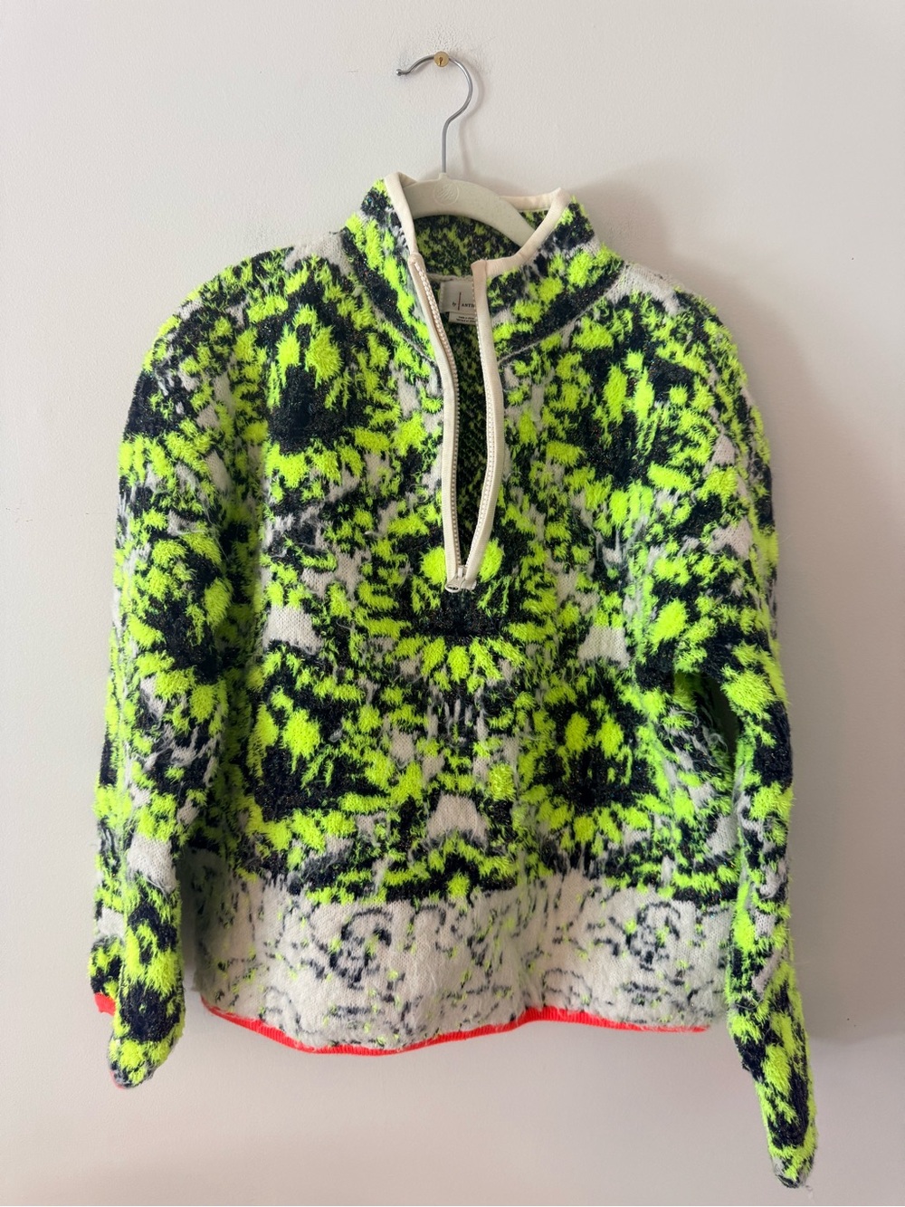By Anthropologie Neon Green Fuzzy Fair Isle Half Zip Sweater Womens S Ski Aprés